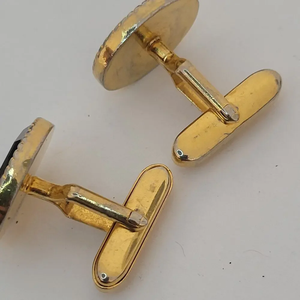 Unbranded Cufflinks Gold Blue Iridescent Stone Tone Rope Edges Vintage‎ Oval